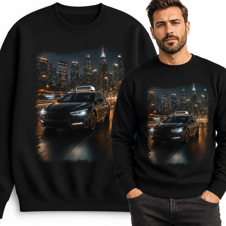 Bluza męska bez kaptura z nocnym samochodem - miejski nadruk motoryzacyjny