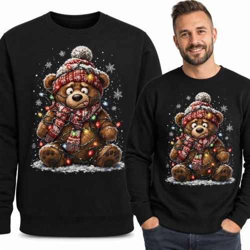 Bluza męska bez kaptura z zimowym misiem i świątecznymi lampkami