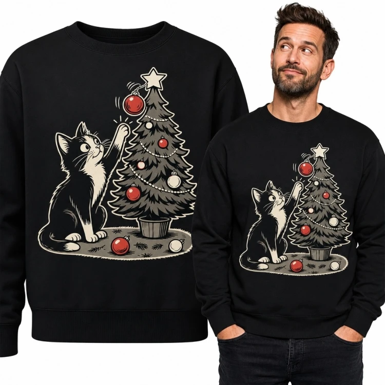 Bluza męska bez kaptura - świąteczny kot przy choince