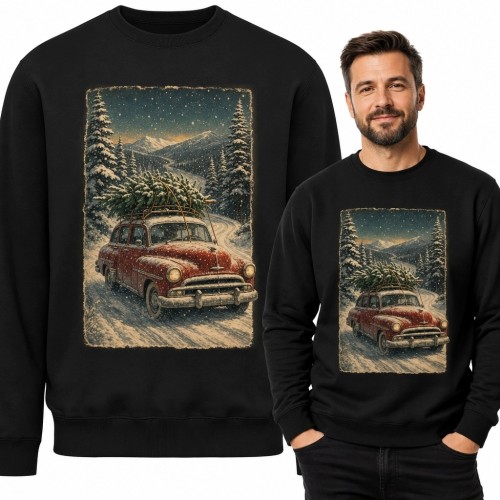 Bluza męska bez kaptura z klasycznym autem i choinką - świąteczny motyw retro