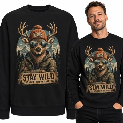 Bluza męska bez kaptura z jeleniem „Stay Wild” - górski motyw retro