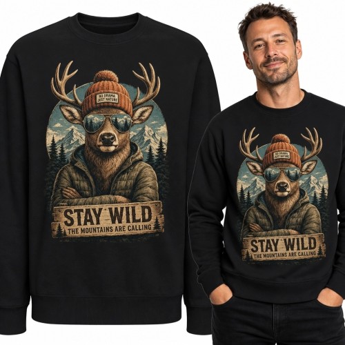 Bluza męska bez kaptura z jeleniem „Stay Wild” - górski motyw retro