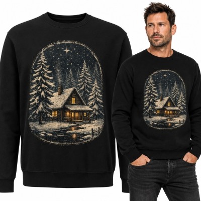 Bluza męska bez kaptura z chatą w zimowym lesie - rustykalny motyw vintage