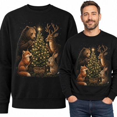 Bluza męska bez kaptura - leśne zwierzęta wokół świątecznej choinki