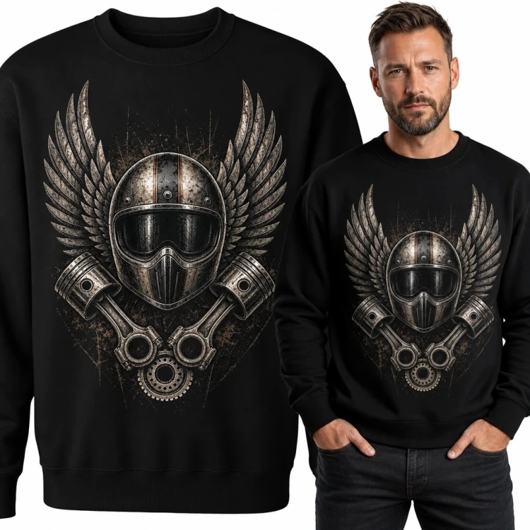 Bluza męska bez kaptura - skrzydlaty kask motocyklowy i tłoki