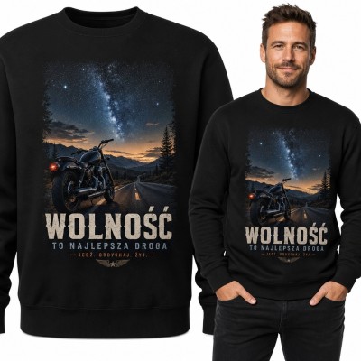 Bluza męska bez kaptura z motocyklem „Wolność to najlepsza droga”