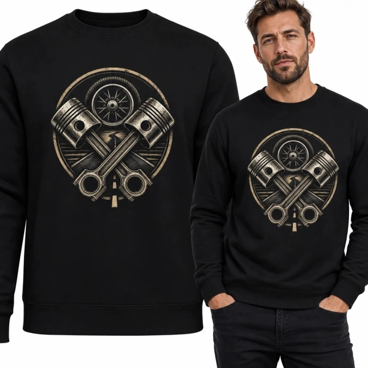 Bluza męska bez kaptura ze skrzyżowanymi tłokami - motoryzacyjny wzór retro