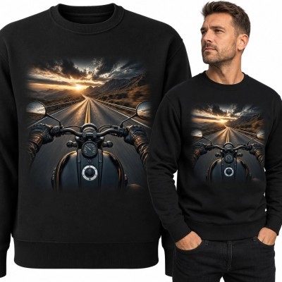 Bluza męska bez kaptura z motocyklem na górskiej drodze - zachód słońca