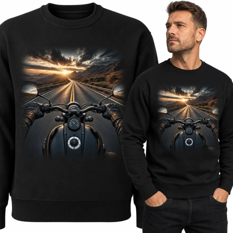 Bluza męska bez kaptura z motocyklem na górskiej drodze - zachód słońca