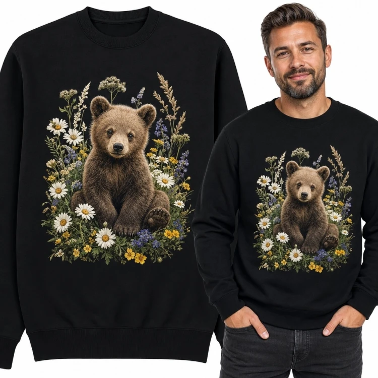 Bluza męska bez kaptura - niedźwiadek wśród rumianków i polnych kwiatów