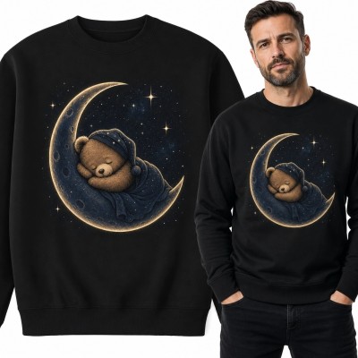 Bluza męska bez kaptura - śpiący miś na złotym sierpie księżyca