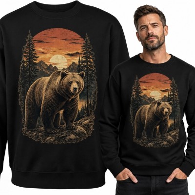 Bluza męska bez kaptura z niedźwiedziem w górach - retro