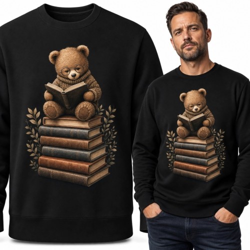 Bluza męska bez kaptura - miś w okularach czytający książkę