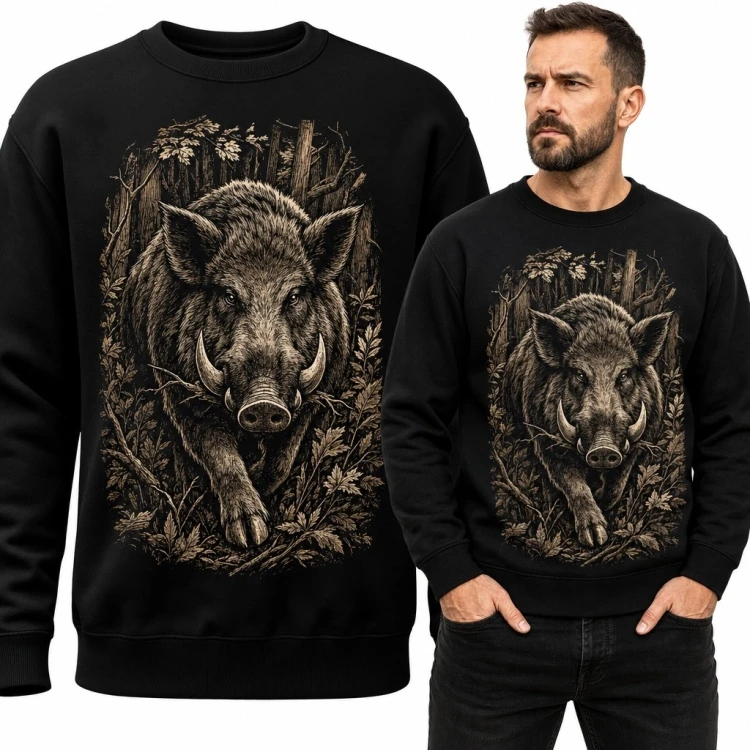 Bluza męska bez kaptura z nacierającym dzikiem - leśna rycina