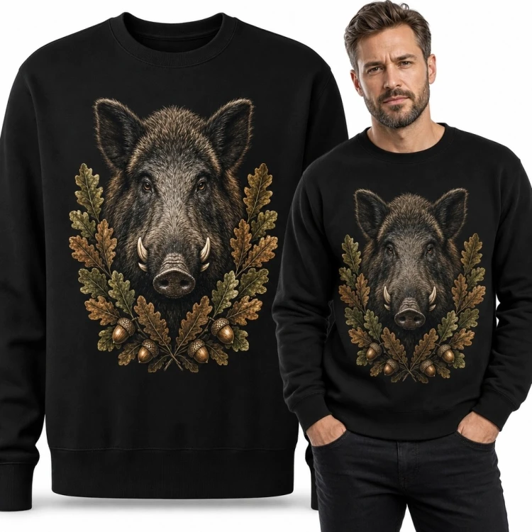 Bluza męska bez kaptura z realistycznym dzikiem - leśny motyw