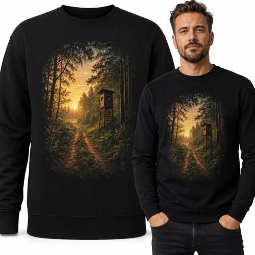 Bluza męska bez kaptura - leśna droga z amboną o zachodzie słońca