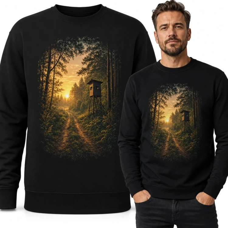 Bluza męska bez kaptura - leśna droga z amboną o zachodzie słońca