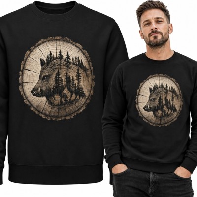 Bluza męska bez kaptura z dzikiem i iglastym lasem - rustykalny wzór