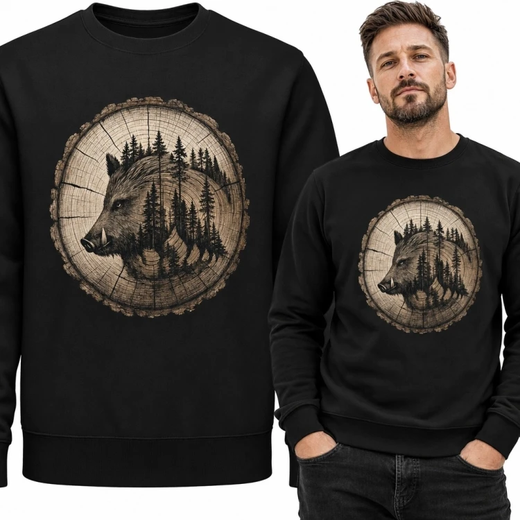 Bluza męska bez kaptura z dzikiem i iglastym lasem - rustykalny wzór