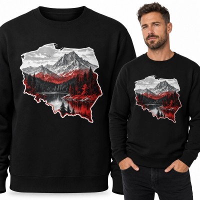 Bluza męska bez kaptura z górskim krajobrazem w konturze Polski - czarna