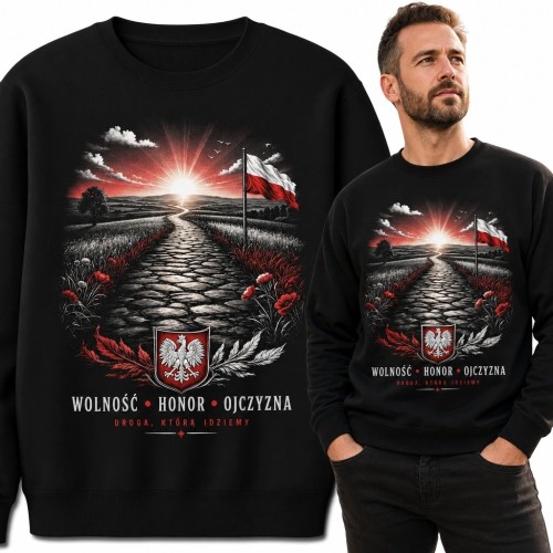 Bluza męska bez kaptura z patriotycznym motywem „Wolność • Honor • Ojczyzna” - polska flaga i orzeł