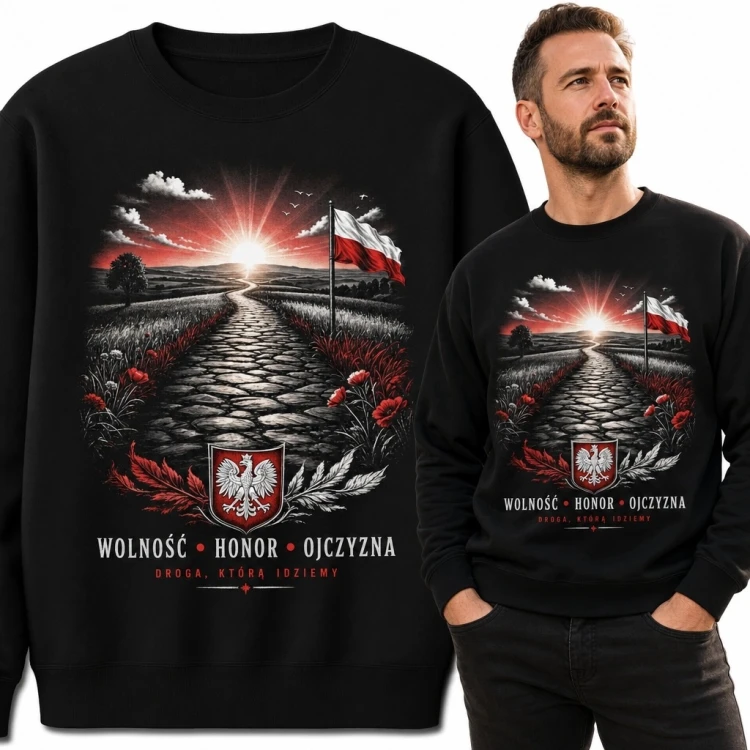 Bluza męska bez kaptura z patriotycznym motywem „Wolność • Honor • Ojczyzna” - polska flaga i orzeł