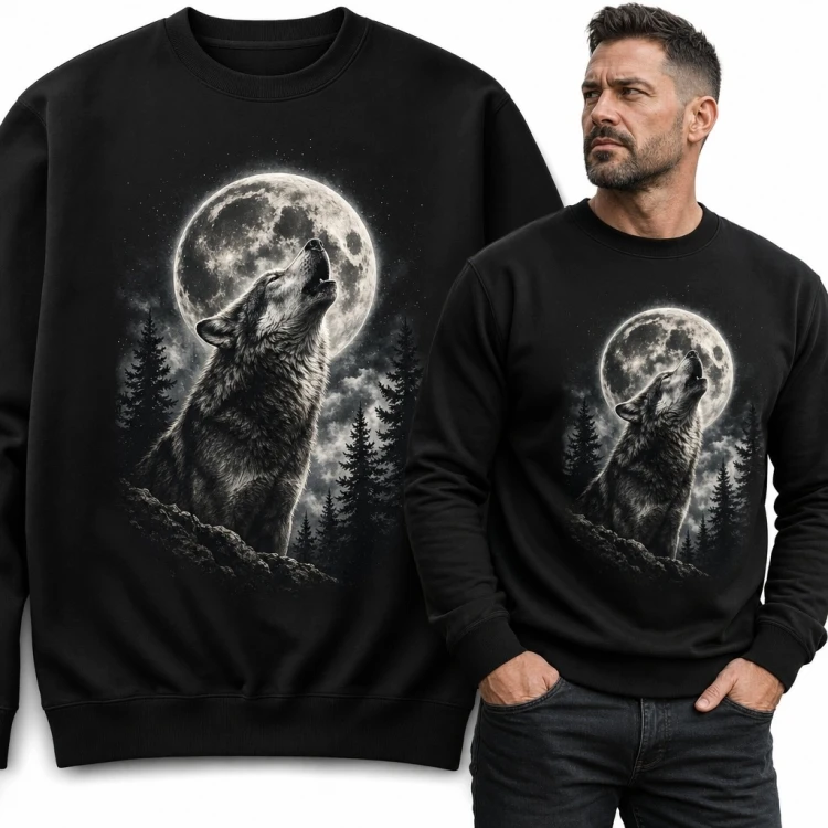 Bluza męska bez kaptura z nadrukiem wyjącego wilka i pełni księżyca