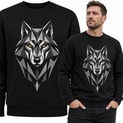 Bluza męska bez kaptura z geometryczną głową wilka - styl low-poly