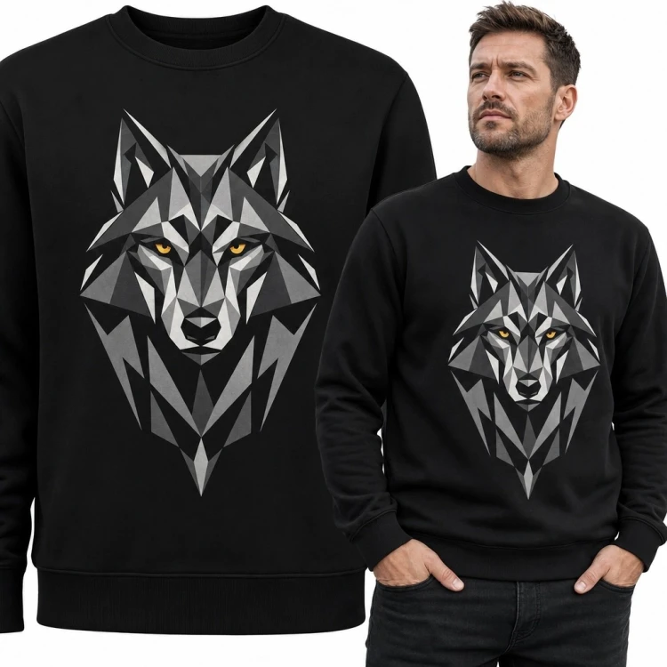 Bluza męska bez kaptura z geometryczną głową wilka - styl low-poly