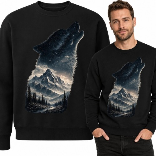 Bluza męska bez kaptura z wyjącym wilkiem i górskim krajobrazem