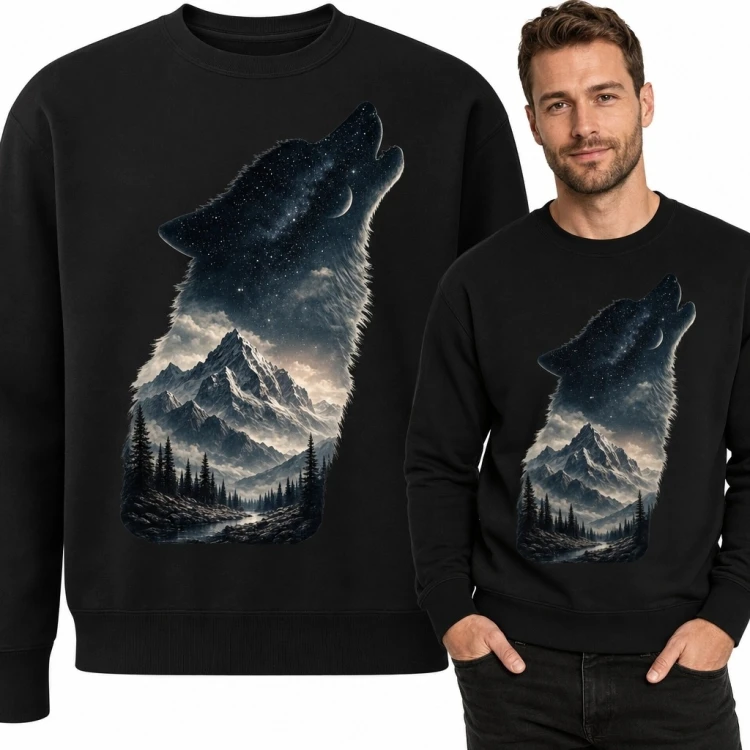Bluza męska bez kaptura z wyjącym wilkiem i górskim krajobrazem