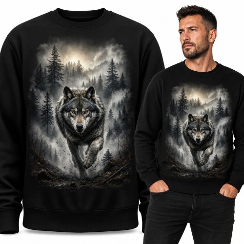 Bluza męska bez kaptura z biegnącym wilkiem w mglistym lesie - mroczny nadruk