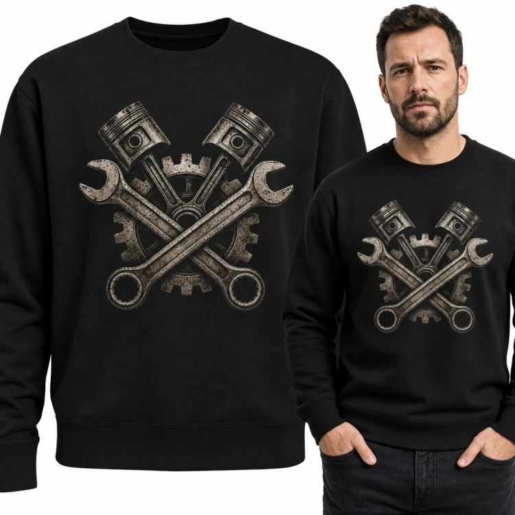 Bluza męska bez kaptura - tłoki, klucze i koło zębate