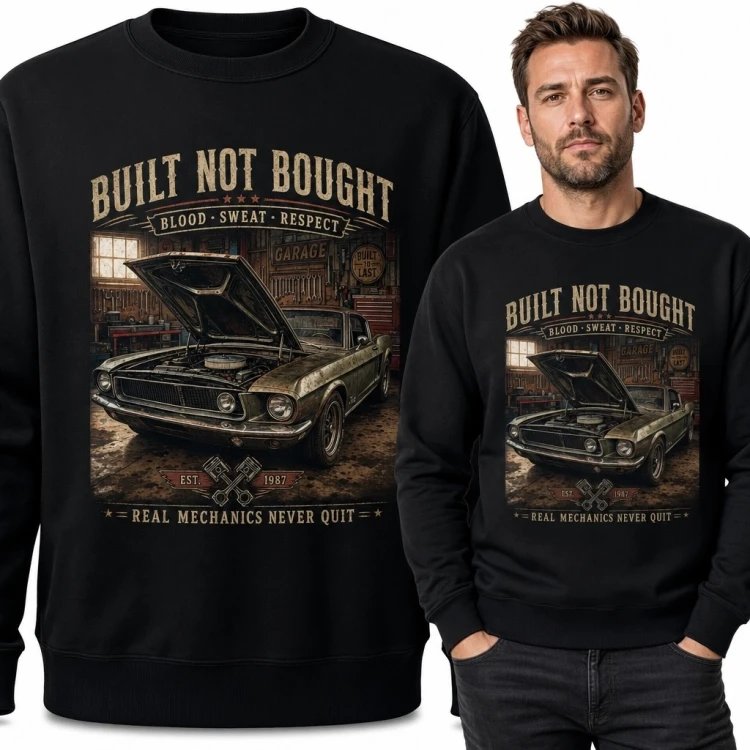 Bluza męska bez kaptura z klasycznym muscle carem „Built Not Bought” - garażowy motyw retro