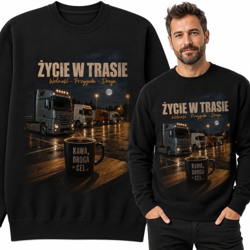 Bluza męska bez kaptura „Życie w trasie” - ciężarówki, nocny postój i kawa