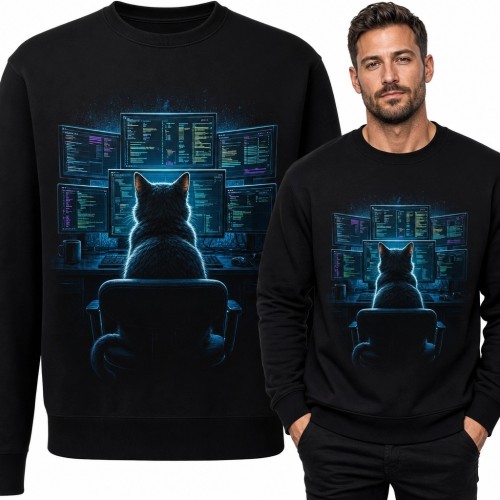 Bluza męska bez kaptura z kotem programistą - neonowy motyw IT