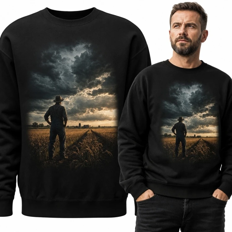 Bluza męska bez kaptura - rolnik na polu pod burzowym niebem