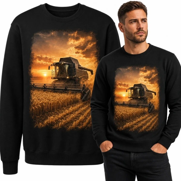 Bluza męska bez kaptura z kombajnem podczas żniw - zachód słońca