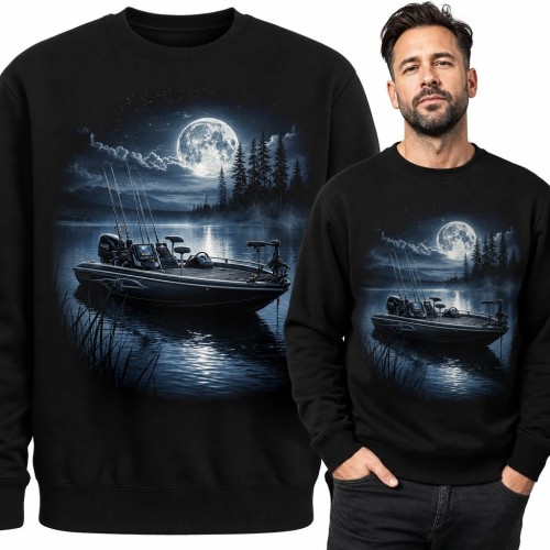 Bluza męska bez kaptura - łódź wędkarska na jeziorze przy pełni księżyca