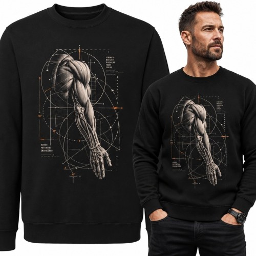 Bluza męska bez kaptura - anatomiczne ramię i techniczny schemat