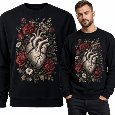Bluza męska bez kaptura z anatomicznym sercem i różami - mroczna botanika