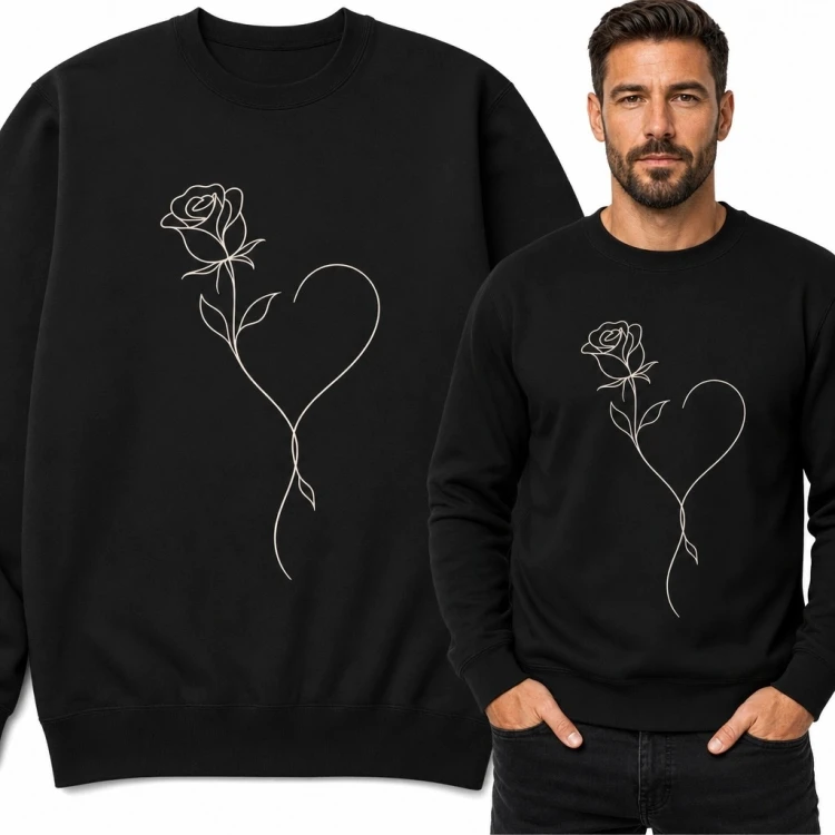 Bluza męska bez kaptura - róża z sercem w stylu line art