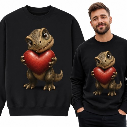 Bluza męska bez kaptura z uroczym dinozaurem i czerwonym sercem - czarna