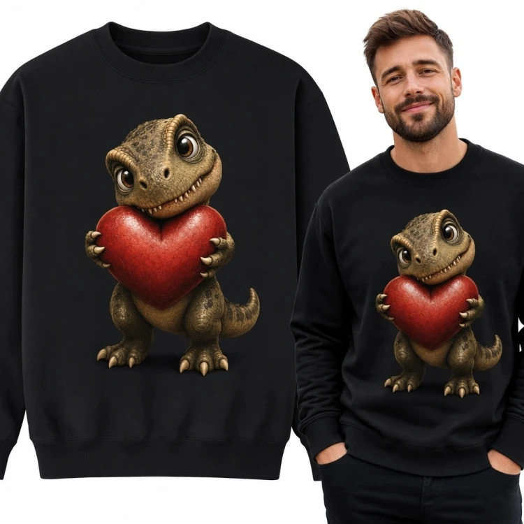 Bluza męska bez kaptura z uroczym dinozaurem i czerwonym sercem - czarna