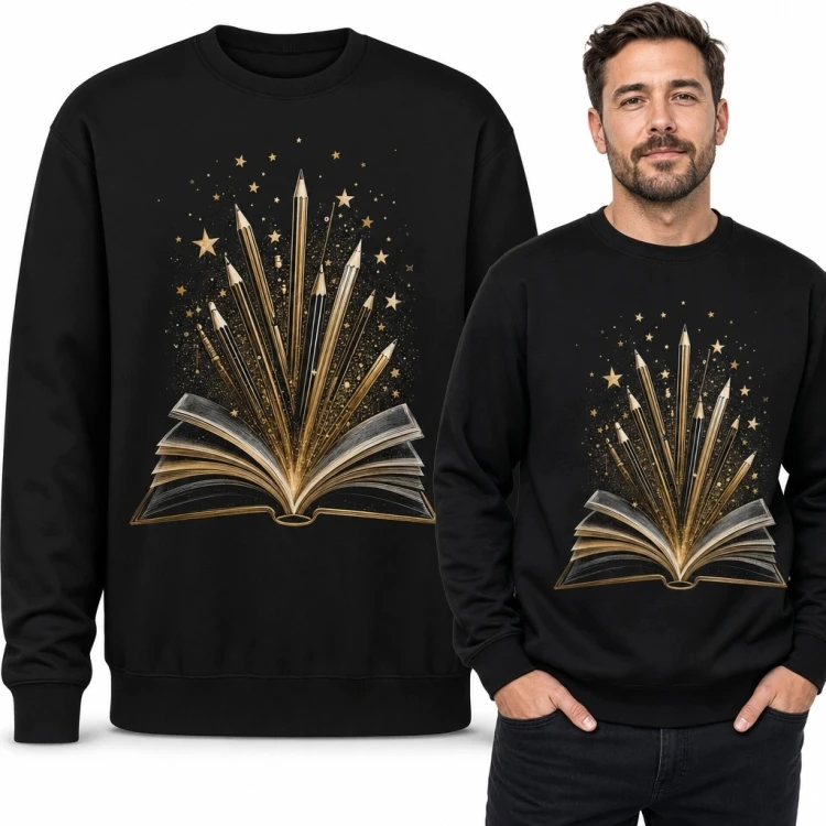 Bluza męska bez kaptura z otwartą książką i ołówkami - czarno-złoty motyw twórczy