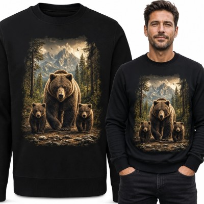 Bluza męska bez kaptura z rodziną niedźwiedzi w górskim lesie