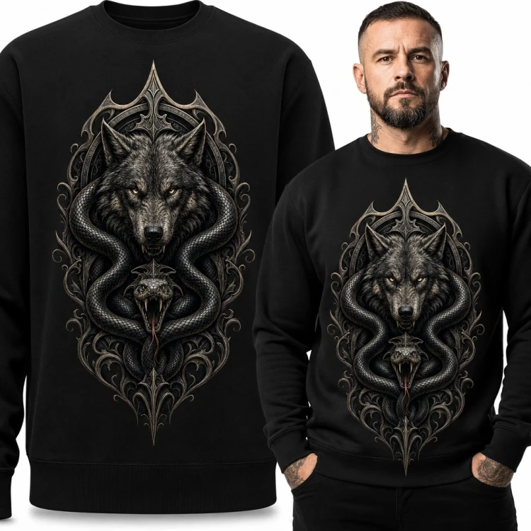Bluza męska bez kaptura - wilk z wijącym się wężem i ostrołukową ornamentyką