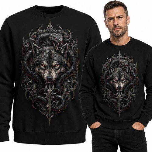 Bluza męska bez kaptura z wilkiem i wężami - gotycki motyw dark fantasy