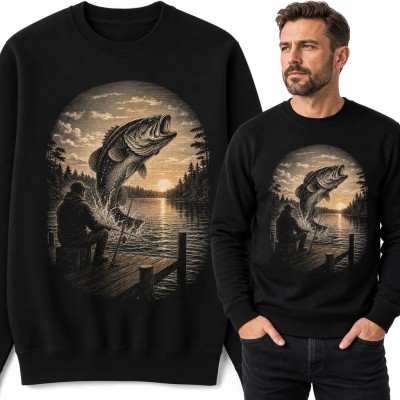 Bluza męska bez kaptura - wędkarz i wielka ryba nad jeziorem