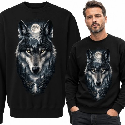 Bluza męska bez kaptura z wilkiem i nocnym krajobrazem